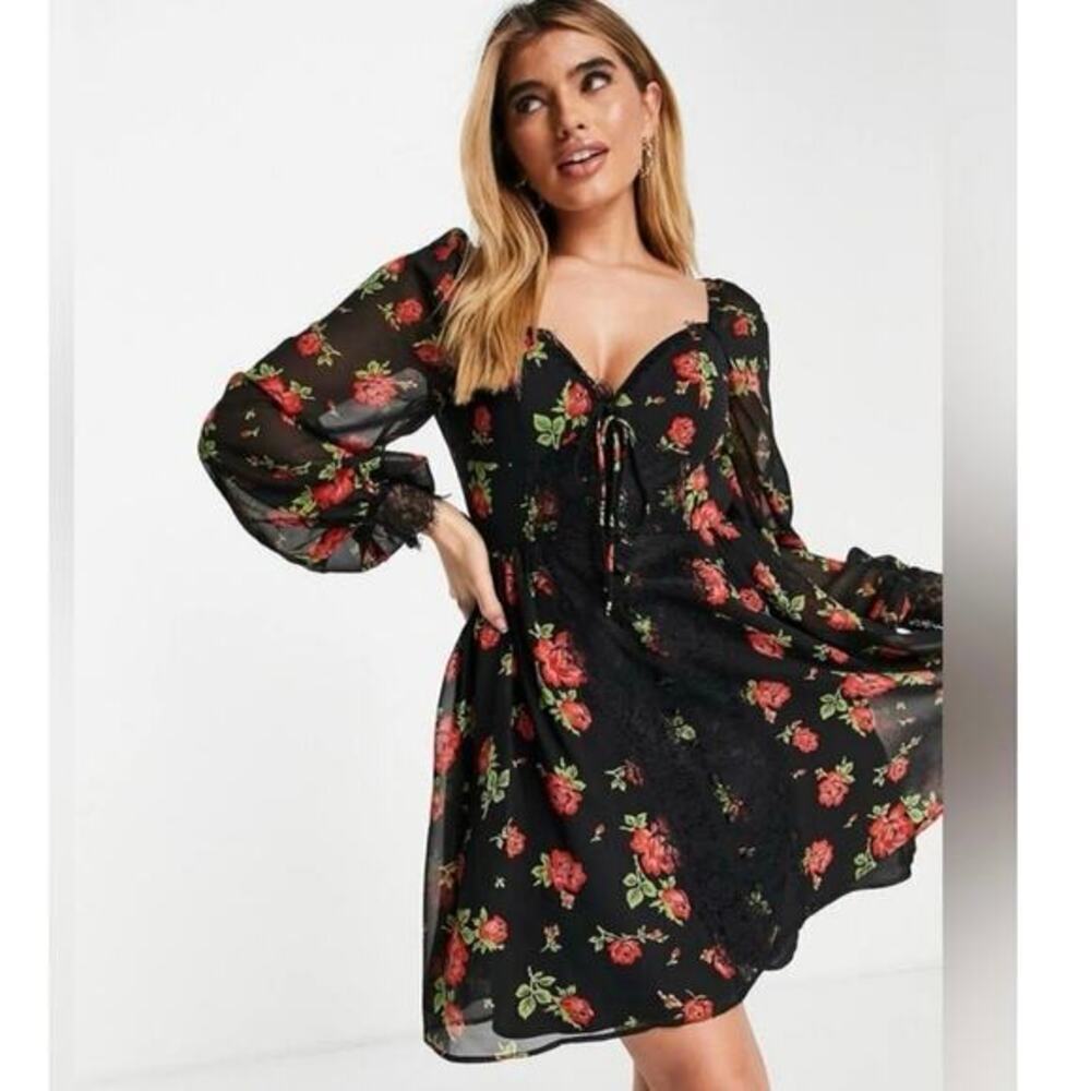 ASOS DESIGN Rose Floral Lace Skater Mini Dress - US 2